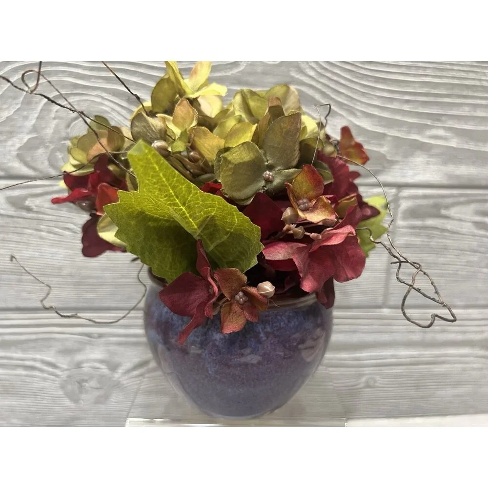 Small Flower Arrangement Hydrangeas in Blue Ceramic Pot 7.5” Faux Floral
